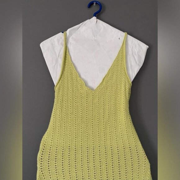 Y2K Crochet Midi Dress Lime Green Halter Open Knit Summer - Picture 3 of 14